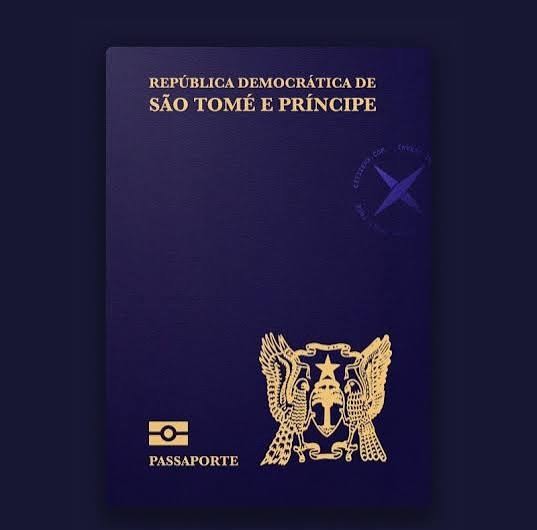 São Tomé and Príncipe biometric passport issued under the Citizenship by Investment Programme (Decree Law No. 07/2025) Navy blue São Tomé and Príncipe biometric passport cover, embossed in gold with the words República Democrática de São Tomé e Príncipe, the national coat of arms and the ePassport chip symbol
