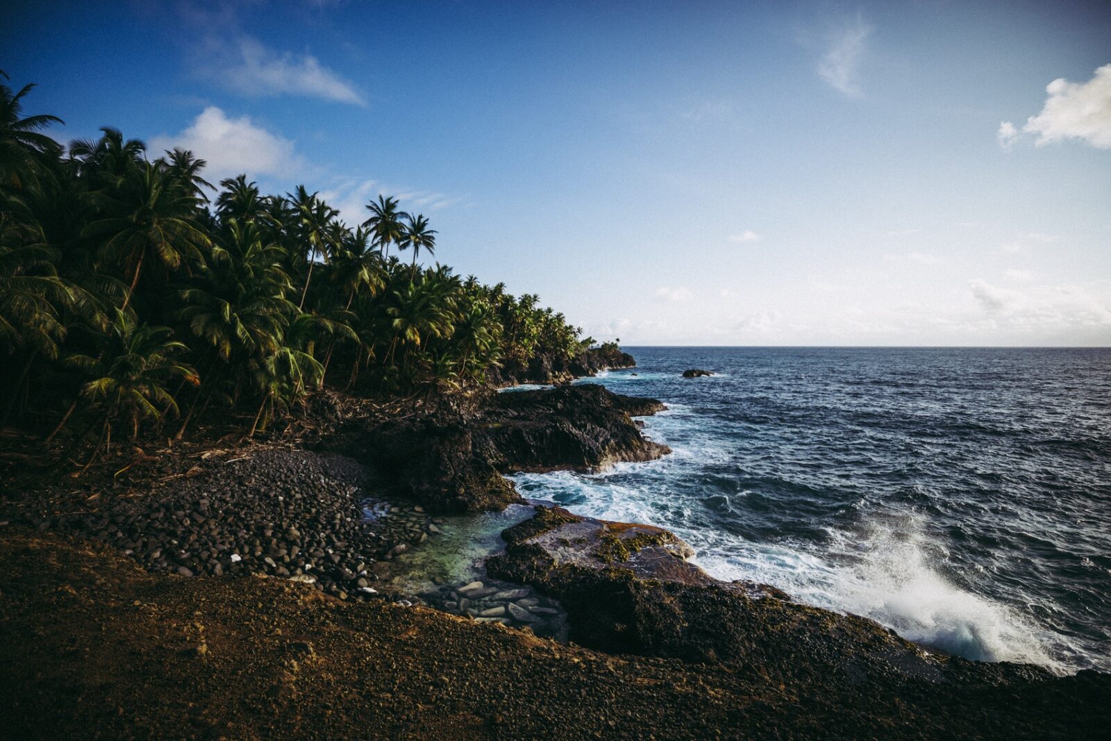 Rocky palm-fringed coastline of São Tomé with waves crashing against volcanic rocks