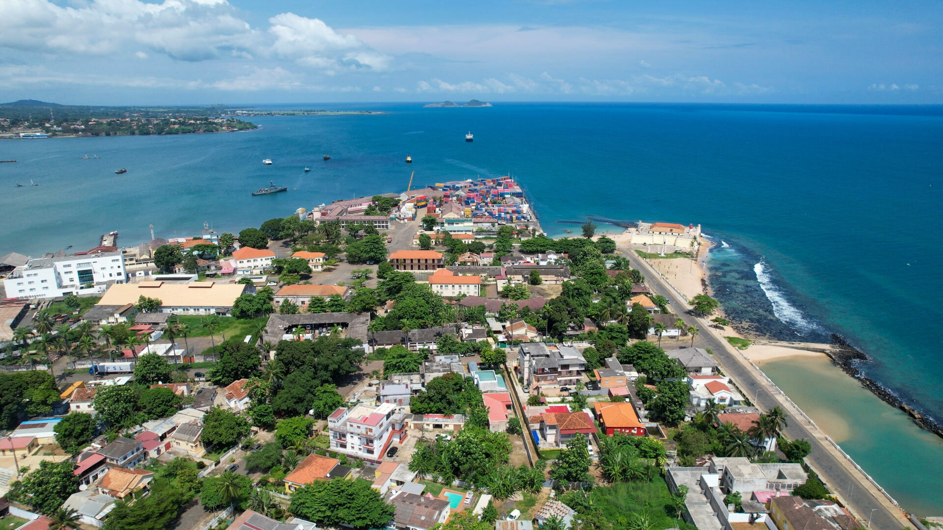 Aerial view of São Tomé city coastline, harbour and Atlantic Ocean